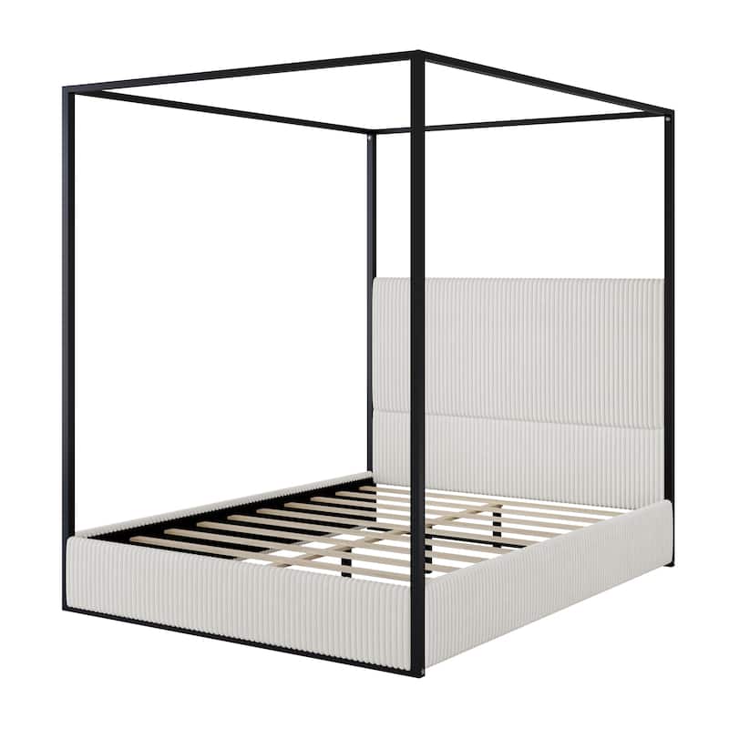 Modern Luxury Metal Canopy Bed with Tall Upholstered Headboard & Four Poster