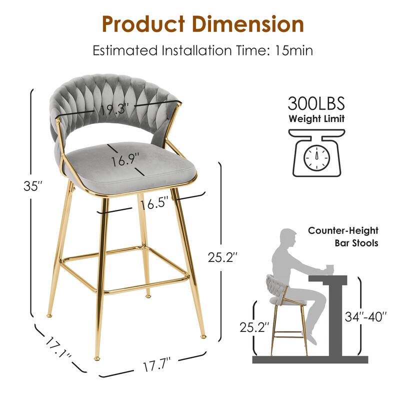 25.2" Modern Velvet Counter Stool with Gold Accents, Ergonomic Design & Plush Seat for Kitchen Island & Bar