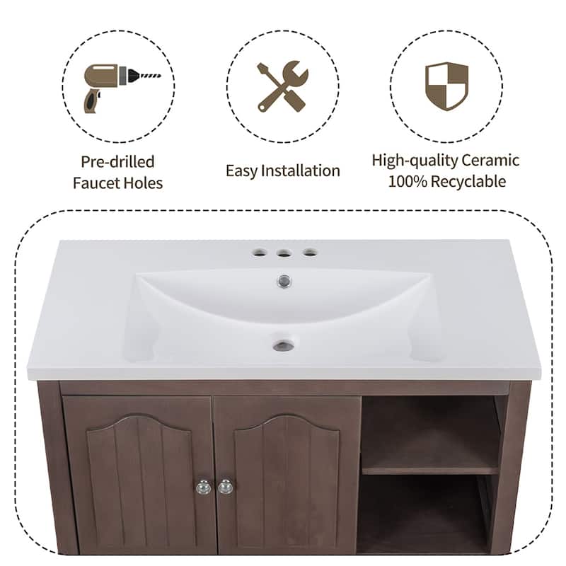 36" Bathroom Vanity with Ceramic Basin - Storage Cabinet with Drawers