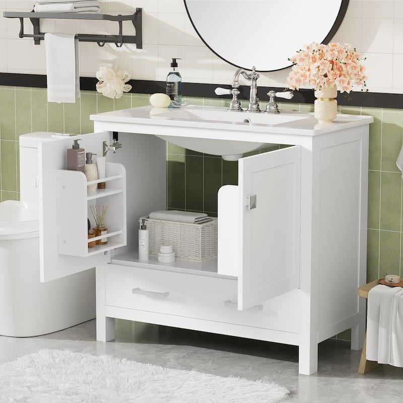 36" White Bathroom Vanity with Ceramic Sink, Soft-Close Doors, Double Storage Shelves & Divided Drawer