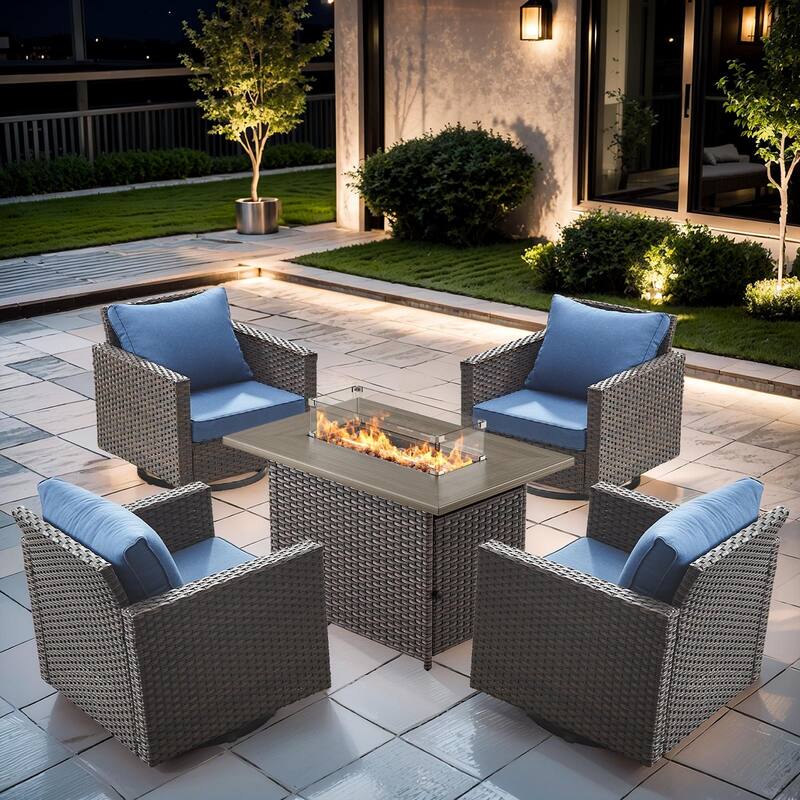 4 Pieces Swivel Chair with Fire Pit Table - Brown - Blue