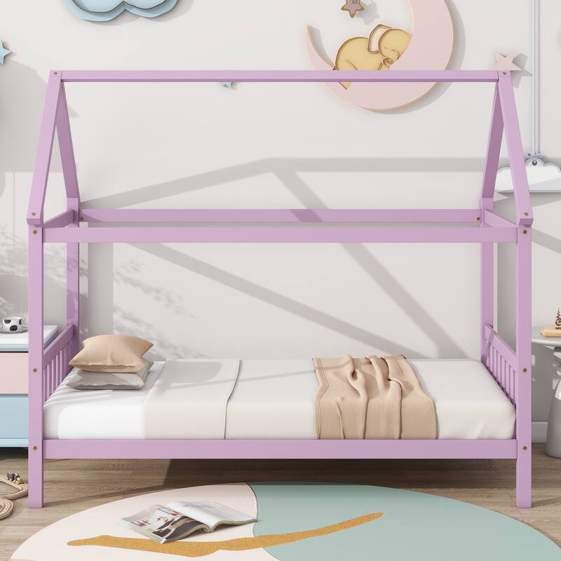 Pink Twin House Bed with Headboard and Footboard, Rubber Wood Frame, Space-Optimizing Design