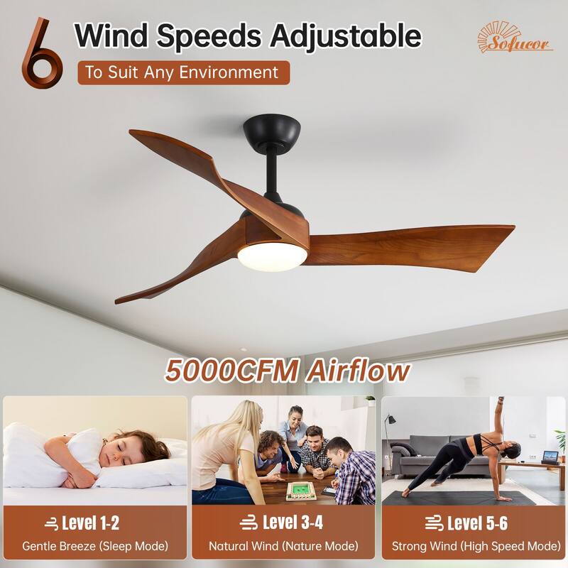 52"Solid Wood Ceiling Fan with Light Optional, 6-Speed Reversible DC Motor and Remote control,Smart Optional