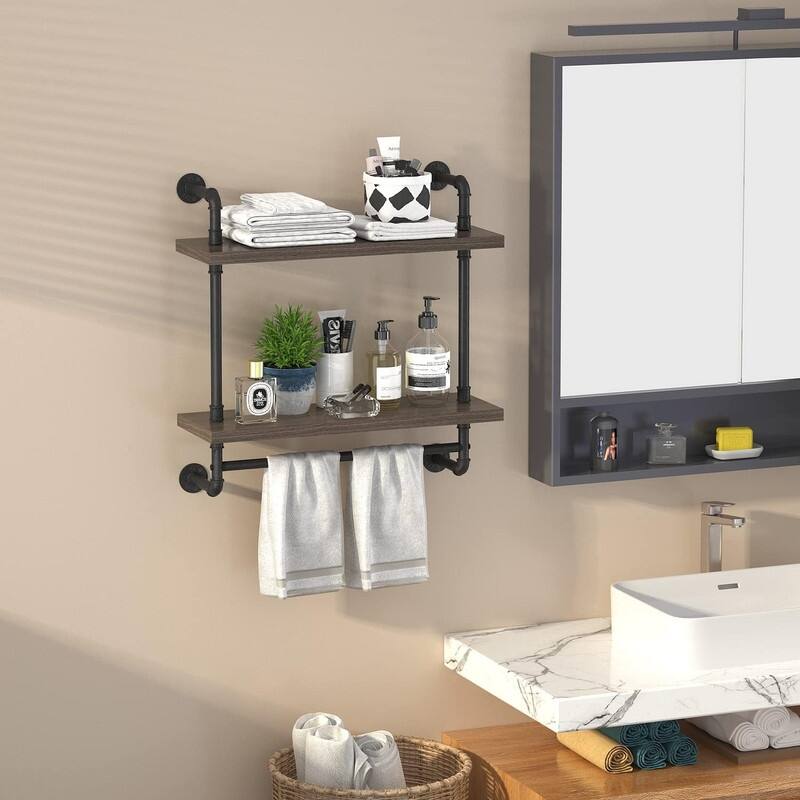 Industrial Pipe Floating Bathroom Shelves Wall Mounted with Towel bar - 7.8"D x 15.7"W x 25.6"H - Grey