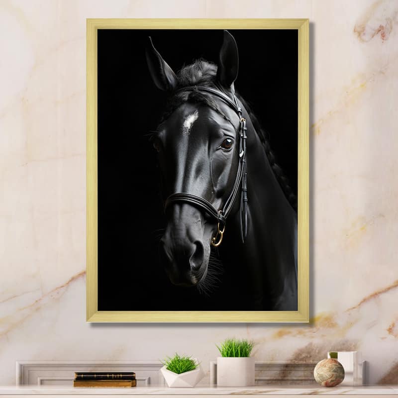 Designart "Black And White Horse Elegance" Animals Horse Framed Wall Decor - 16 in. wide x 32 in. high - Gold
