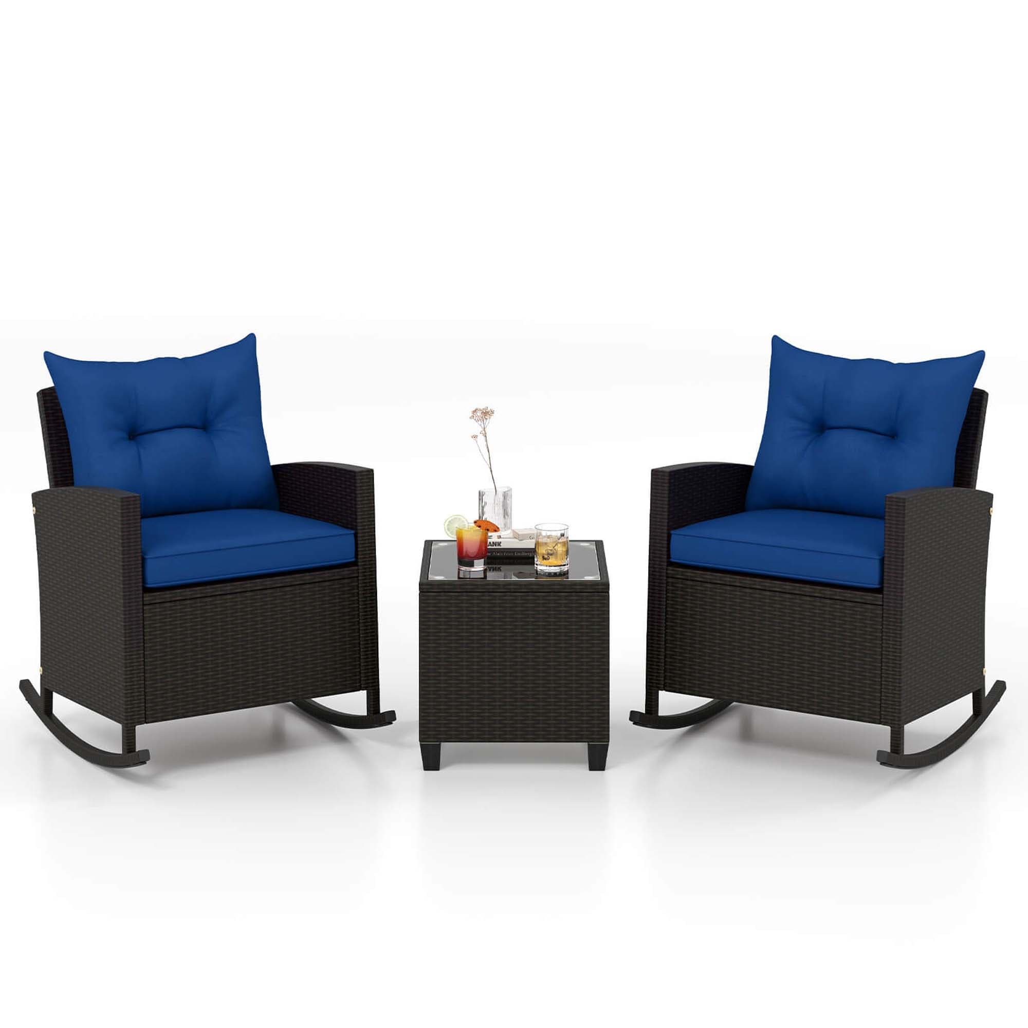 Costway 3 PCS Patio Wicker Rocking Set with Tempered Glass Table & - See Details