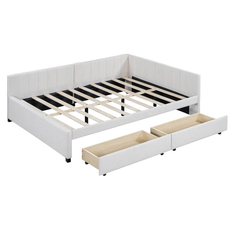 L-Shaped Backrest Daybed Upholstered Daybed Frame Classic Wood Slats Design with 2 Storage Drawers or Trundle, Full Size