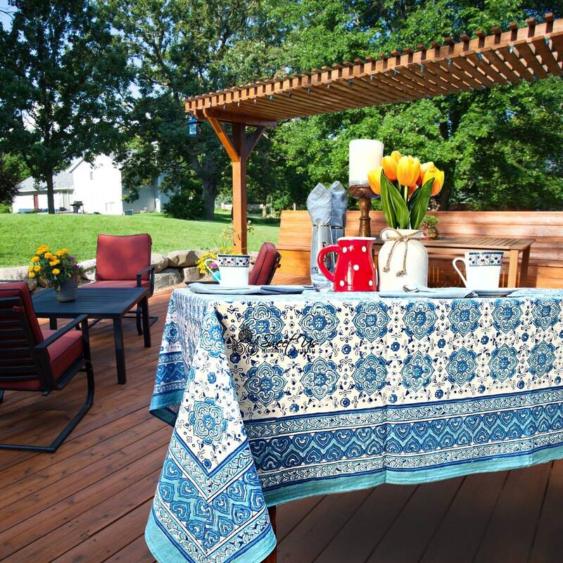 Cotton Springtime Splendor Tablecloth Collection, Ice Blue - 60 x 60 in