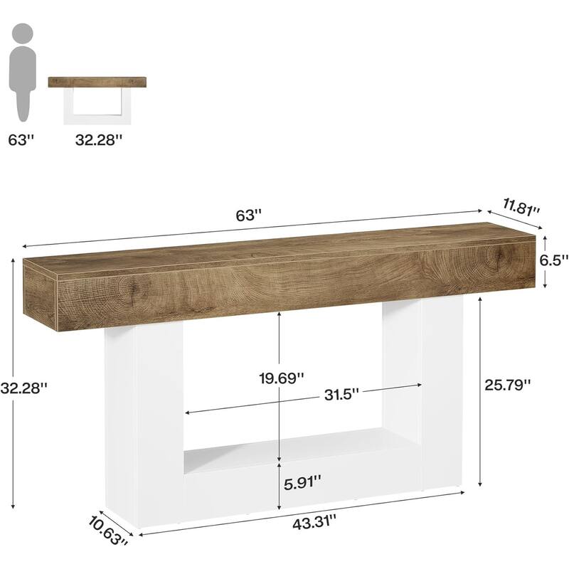 63 Inches Brown/ Gray Wood Hallway Table, Farmhouse Console Table for Entryway