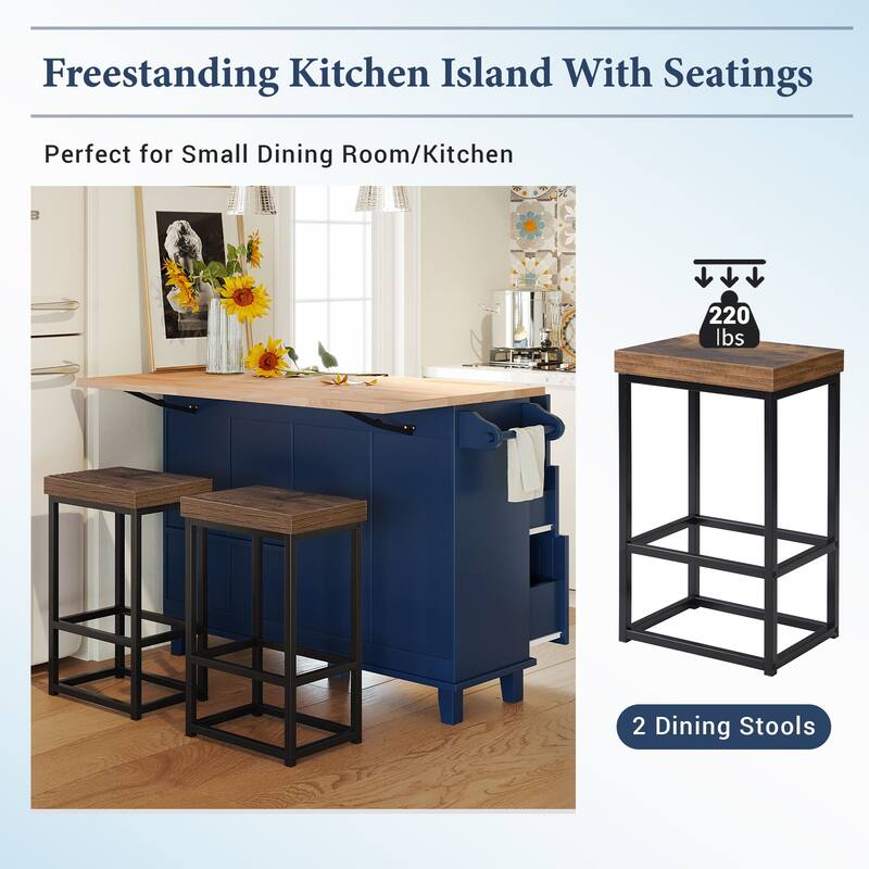 3PCS Sets Farmhouse Kitchen Island with 2 Seatings, Drop Leaf, Cabinet, Drawers & Towel Rack