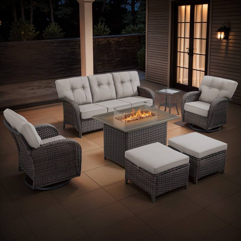 Gymojoy Outdoor Wicker Patio Furniture Sofa Set with 55,000 BTU Fire Pit Table, Swivel Chairs, Ottomans & Side Tables