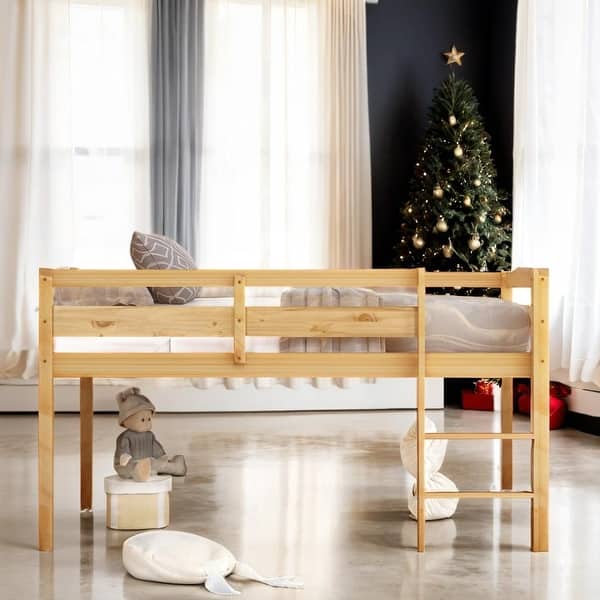 slide 2 of 9, Elegance Unique Design Twin Wood Loft Bed Low Loft Beds with Ladder,Beautiful Kid's Loft Bed Walnut