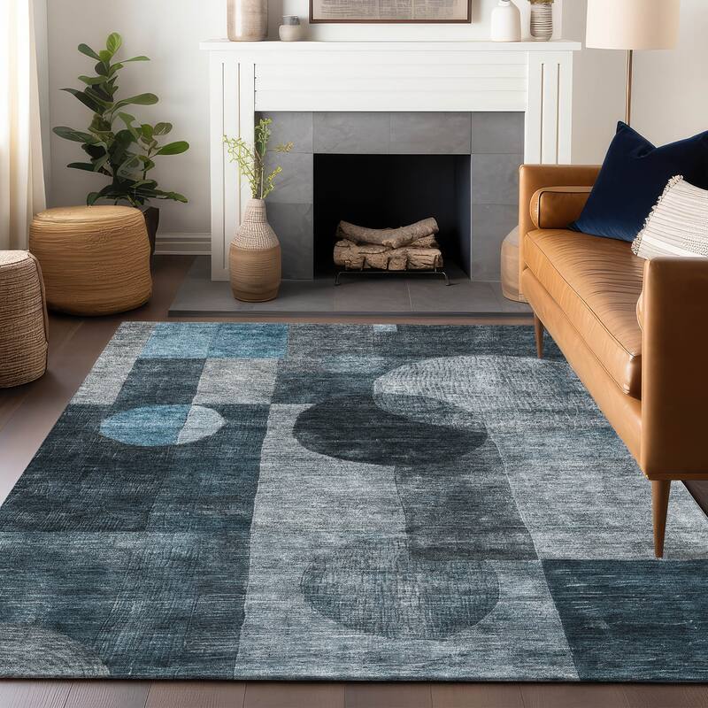 Machine Washable Indoor/ Outdoor Abstract Geo Chantille Rug - Teal - 8' x 10'
