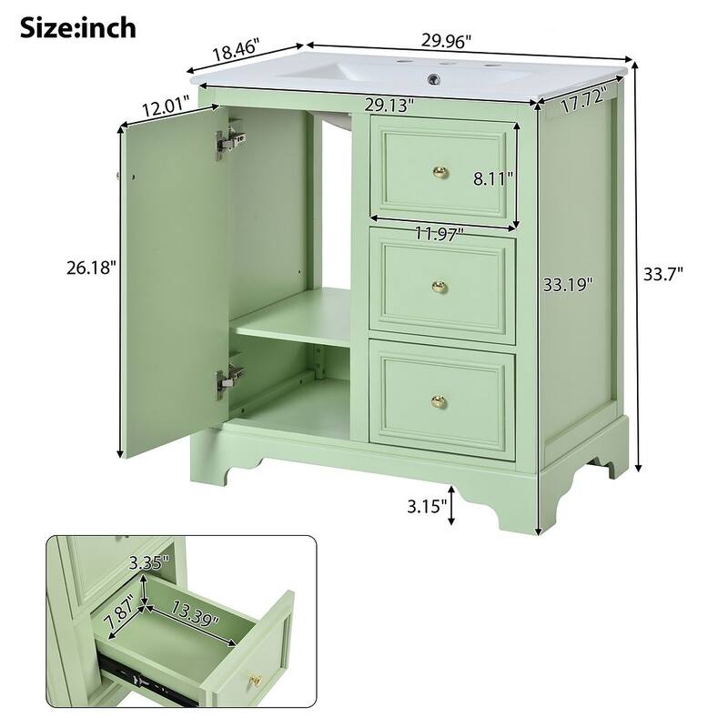 30'' Bathroom Vanity with Top Sink, Freestanding Vanity Set with Mirror Cabinet