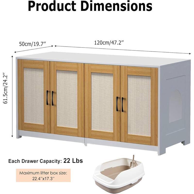 Double Cat Litter Box Enclosure, 47.2" Large Wood Cat Hidden Furniture
