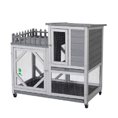Large Rabbit Hutch, Wooden Bunny Cage with Casters, Fence, Trays, Water Bottle, Indoor and Outdoor Animal House for Rest