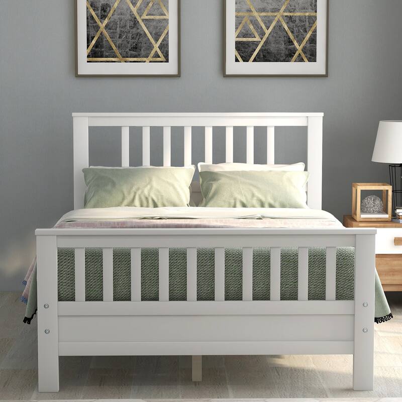 Full Size Wood Platform Bed with Headboard and Footboard in White