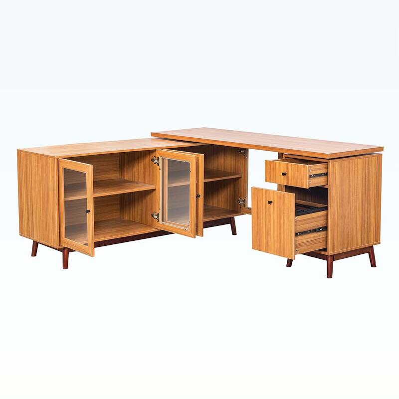 Modern L-shaped Executive Desk with delicate tempered glass Cabinet Storage