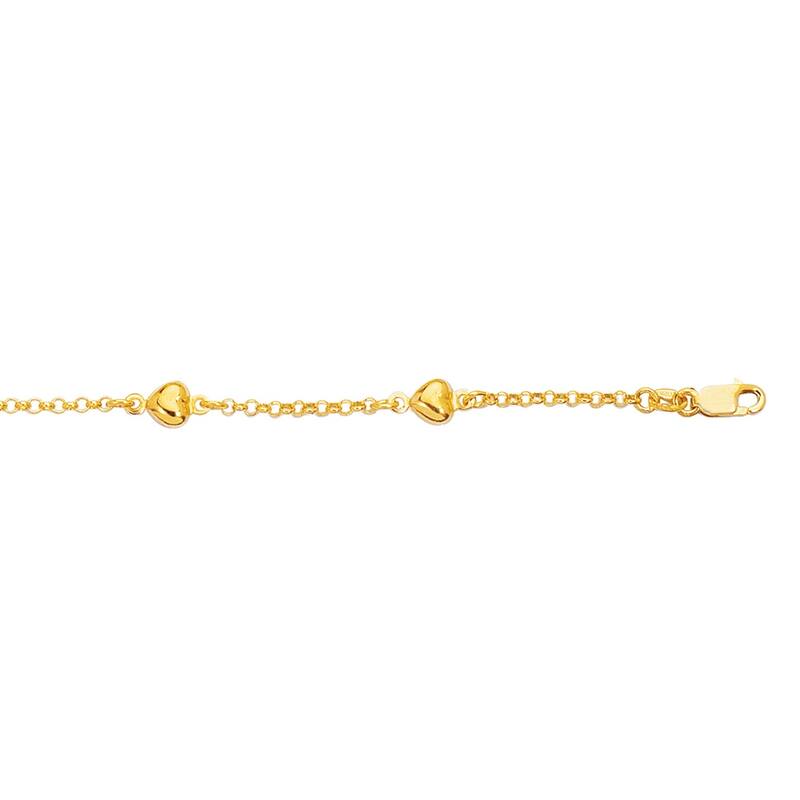 Curata 14k Yellow Gold 10" Rolo Puffed Heart Station Anklet