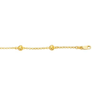 Curata 14k Yellow Gold 10" Rolo Puffed Heart Station Anklet