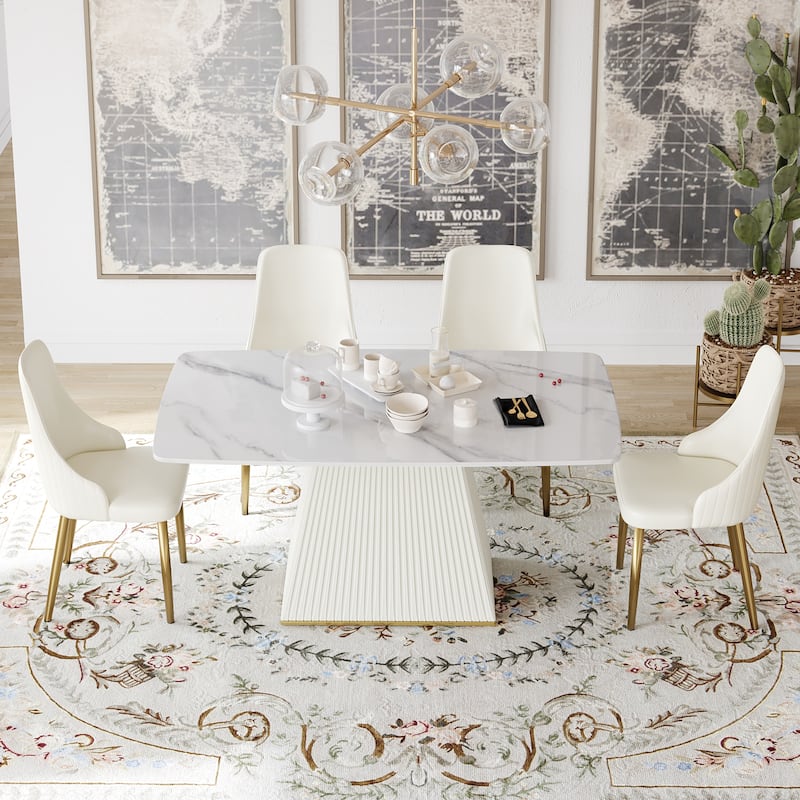 Modern Dining Table Sintered Stone Rectangle Kitchen Table With Square Pedestal - White - 63"