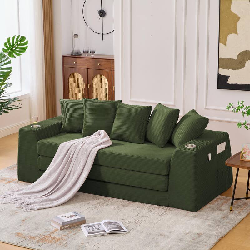 2 in 1 Convertible Sofa Bed, Sleeper Sofa with Storage Pockets, Pull Out Loveseat Couch with Two Cup Holders