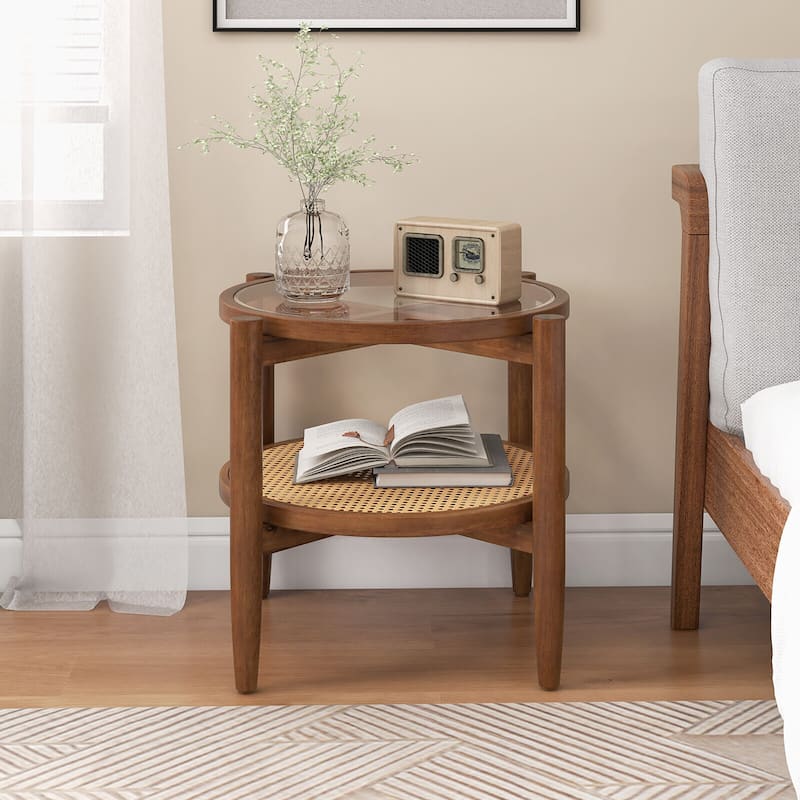 Gymax 2 PCS 2-Tier Round Side End Table PE Rattan Nightstand Tempered