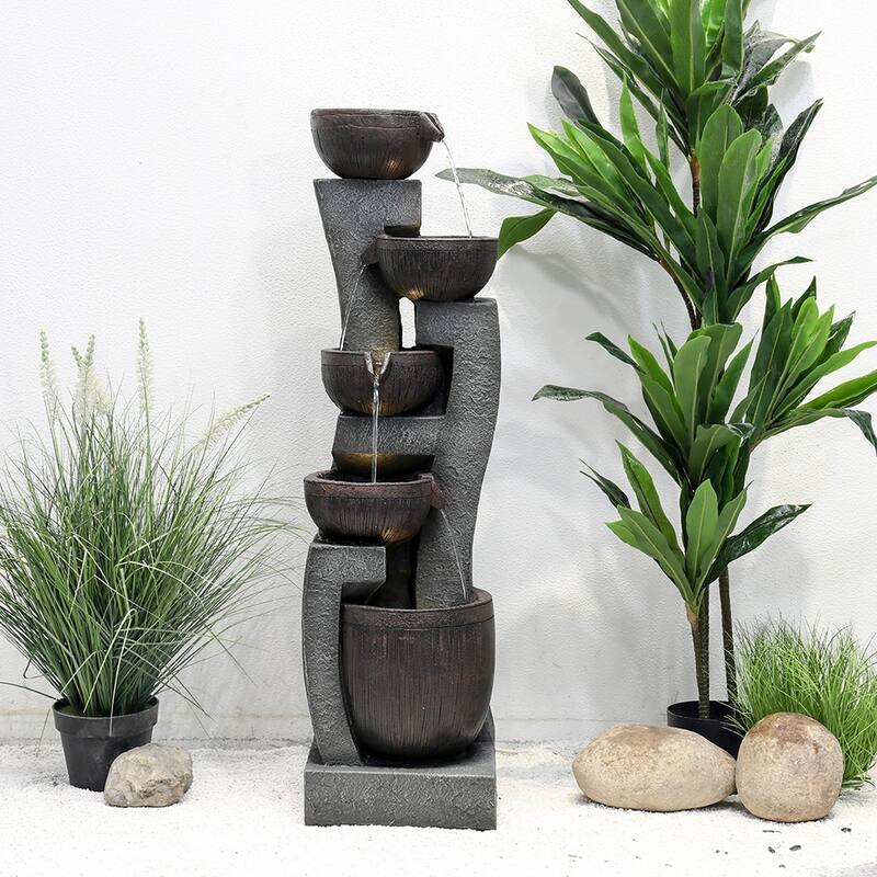 43.7-inch H Outdoor Garden Fountain with LED Lights 5-Tier Waterfall