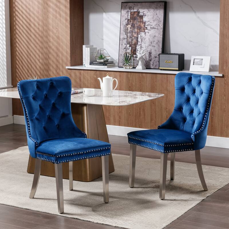 Set of 2 Contemporary High-End Tufted Upholstered Dining Chair with Nailhead & Stainless Steel Legs - Blue+Chorme
