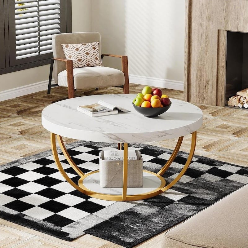 Engineered Wood Round Coffee Table with 2-Tier Metal Base - 31.69" L x 31.69" W x 17.32" H