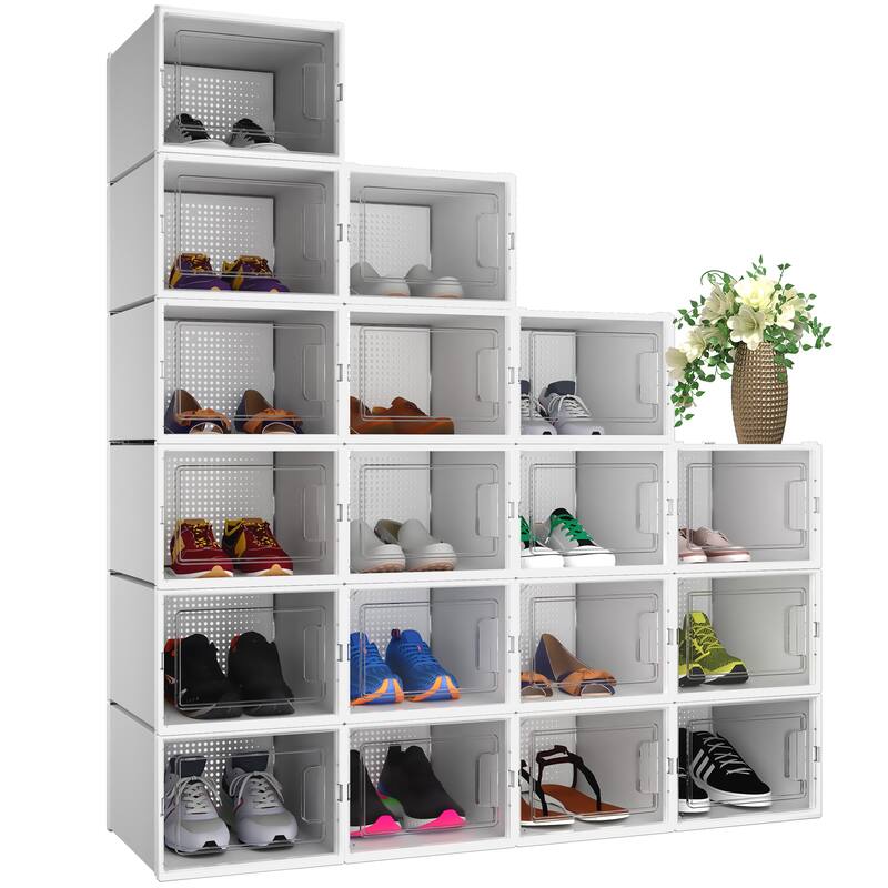 6/12/18 Pack Shoe Storage Box Plastic Stackable Shoe Organizer for Closet Foldable Sneaker Containers Bins Holders Racks