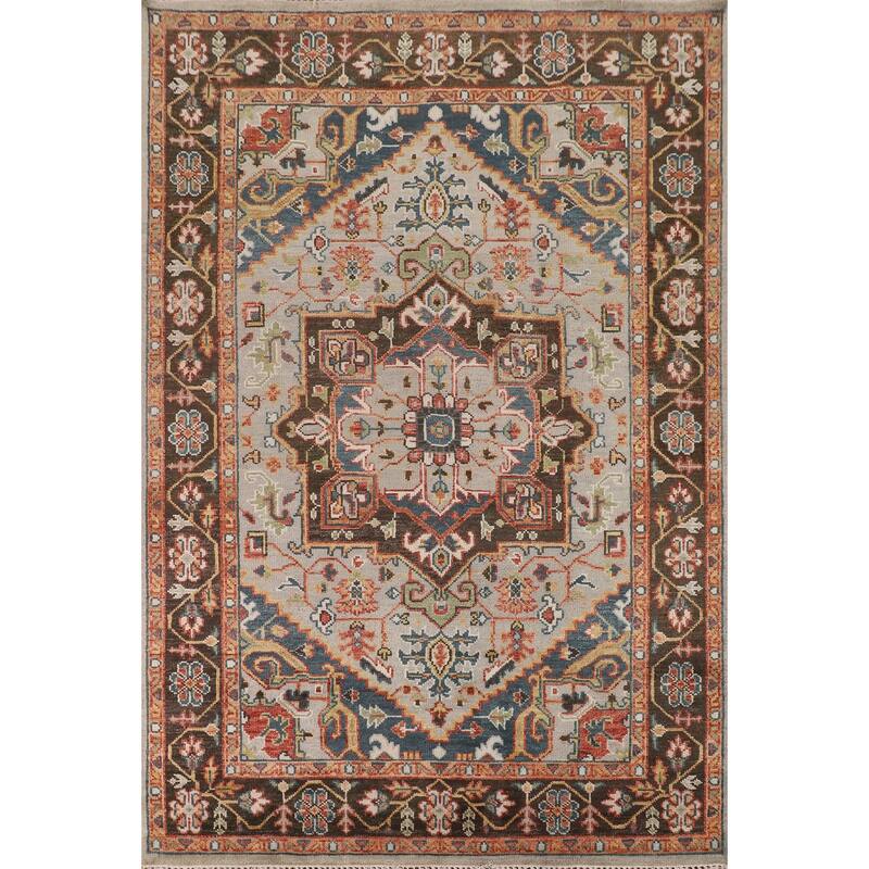 Geometric Heriz Serapi Indian Area Rug Hand-Knotted Grey Wool Carpet - 7'9"x 9'11"
