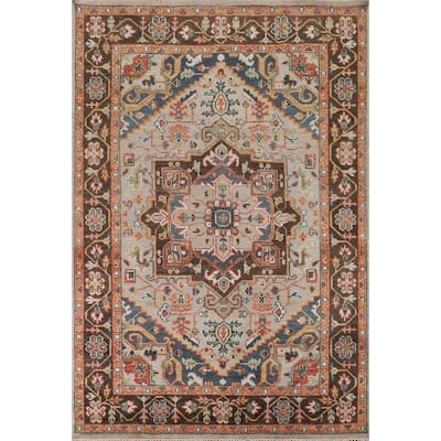 Geometric Heriz Serapi Indian Area Rug Hand-Knotted Grey Wool Carpet - 7'9"x 9'11"