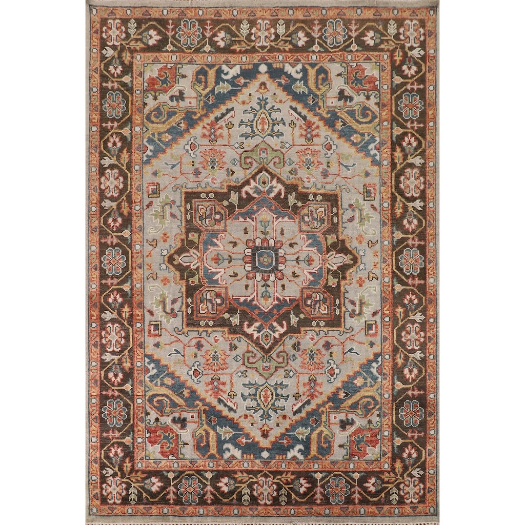Geometric Heriz Serapi Indian Area Rug Hand-Knotted Grey Wool Carpet - 7'9"x 9'11"