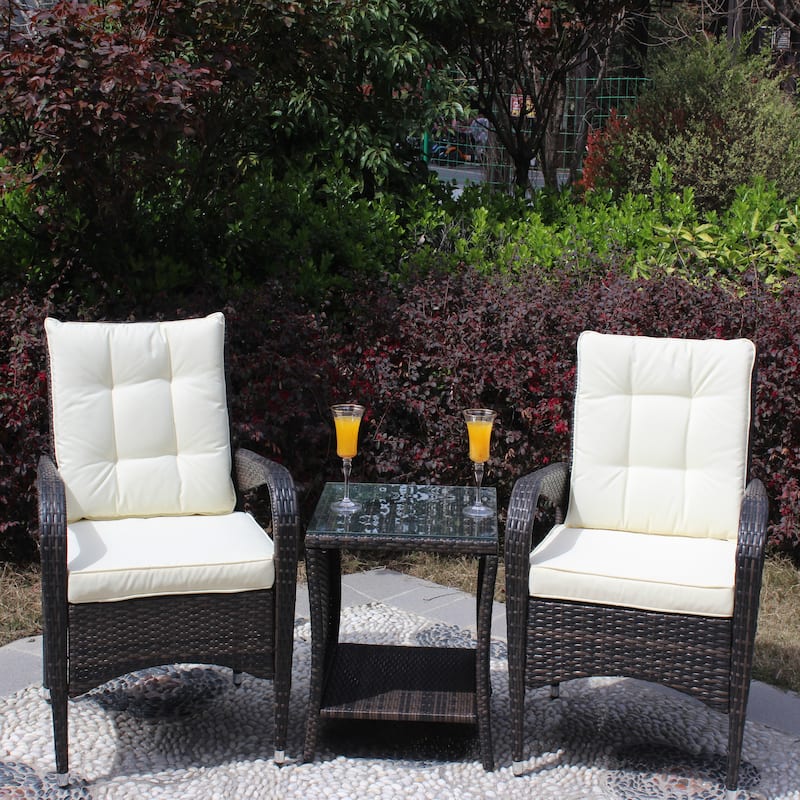 3-piece Outdoor Patio Conversation Seating Furniture Set with Cushions and Tempered Glass Top Table