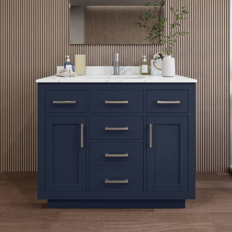Wyndham Collection WCG262642S-QTZ-UNSMXX Beckett TK 42" Free Standing - Dark Blue / Giotto Quartz Top / Brushed Nickel