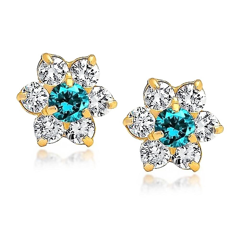 Yellow Gold Womens and childrens Flower in Blue Stud Earring Yellow Gold Womens and childrens Flower in Blue Stud Earring