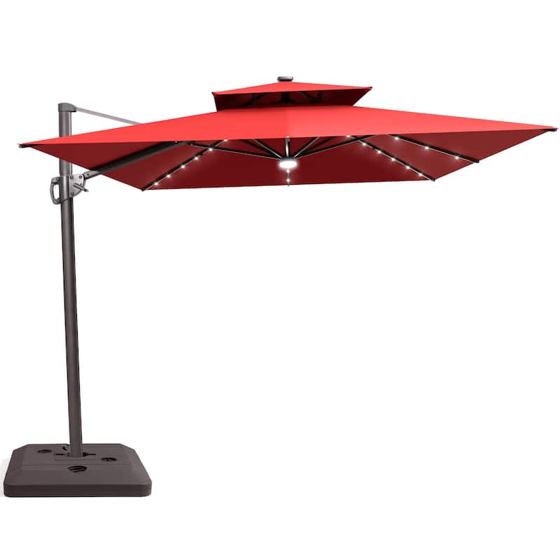 9 FT x 11 FT Outdoor Double Top LED Lighted Patio Cantilever Umbrella with Base