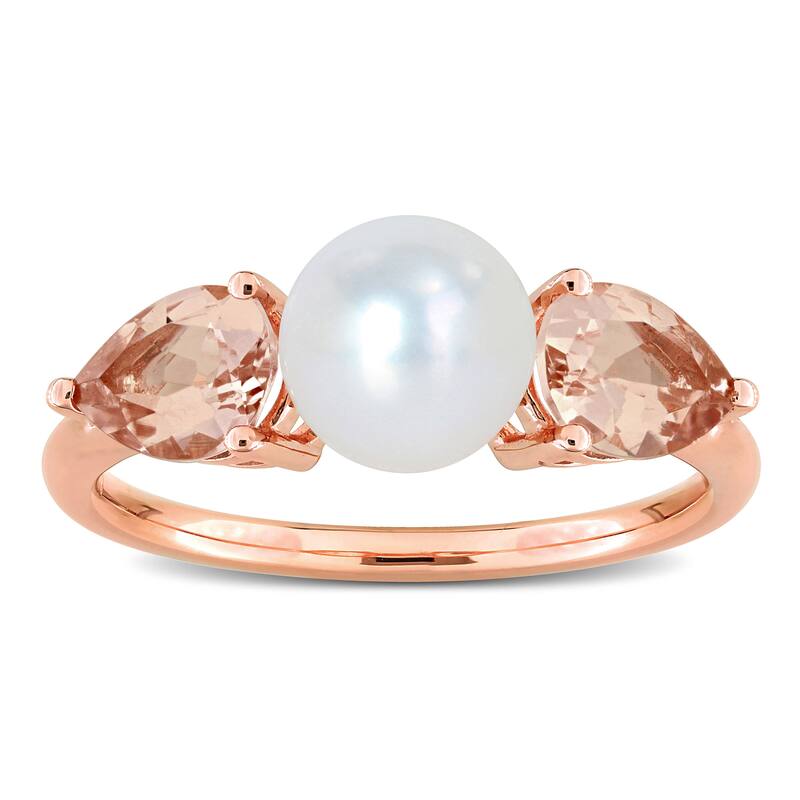 Miadora 7-7.5mm Cultured Freshwater Pearl 1 1/2ct TGW Morganite Promise Ring 14k Rose Gold