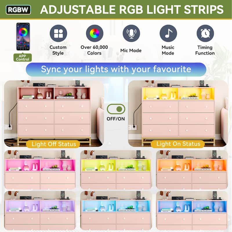 6 Drawer Dresser with LED Lights Modern Large Capacity Storage Cabinet