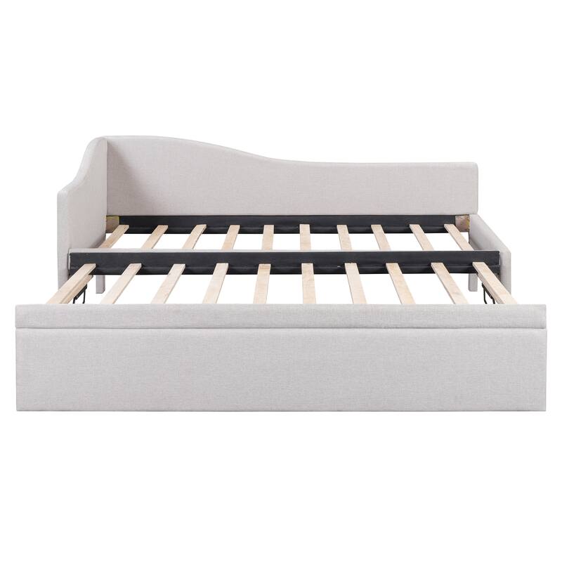 Twin Size L-Shaped Upholstered Daybed with Pop-Up Trundle, Beige
