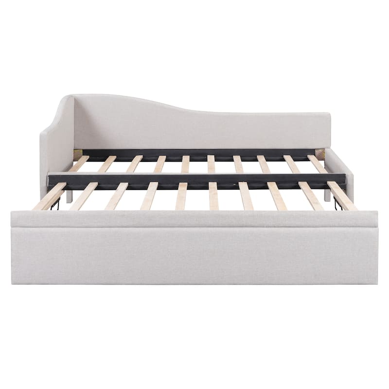Twin Size Upholstered L-Shaped Upholstered Daybed with Pop Up Trundle, Beige