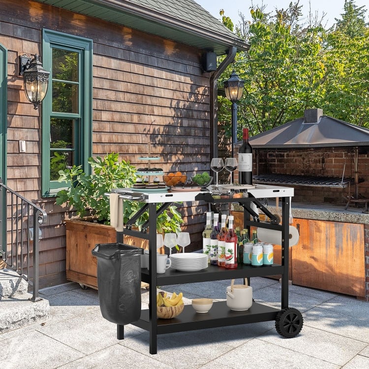 3 Tiers Foldable Outdoor Cart on 2 Wheels with Phone Holder-Black - 42" x 20.5" x 33" (L x W x H)
