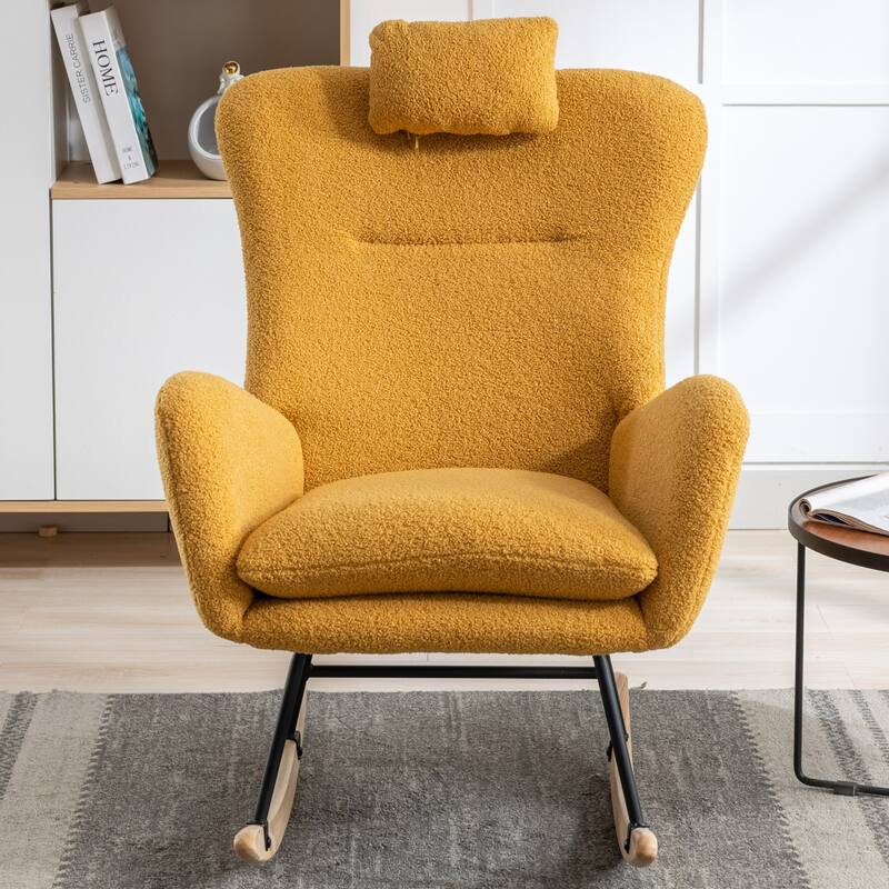 Teddy Fabric Wingback Rocking Chair for Nursery with Safe Solid Wood Base