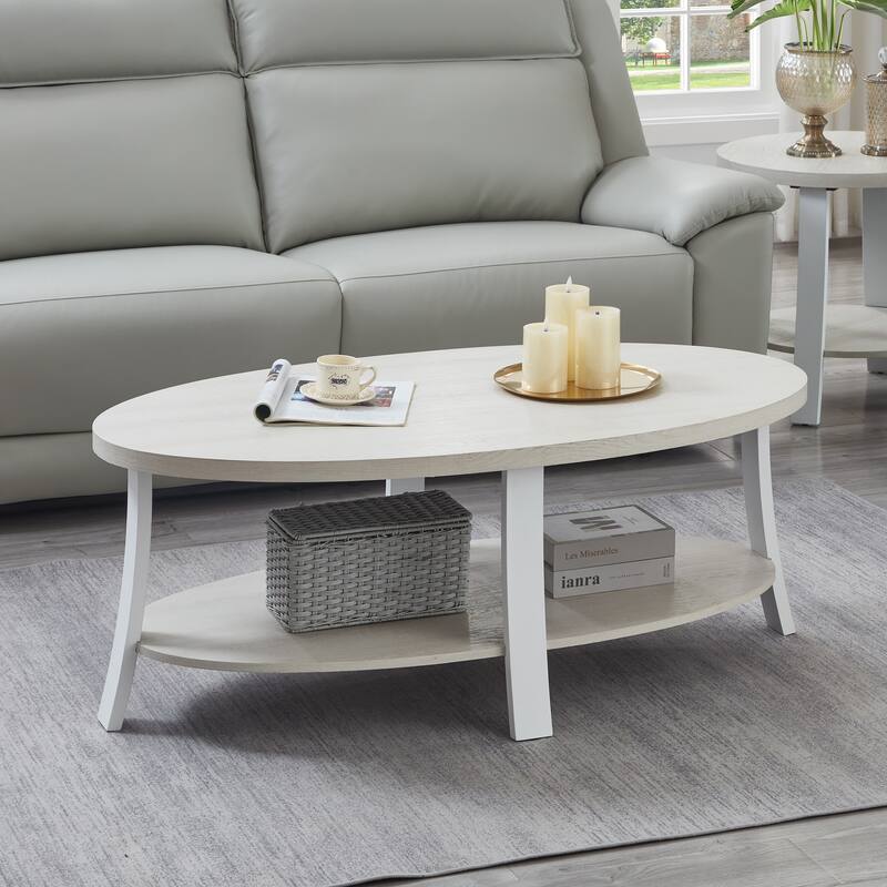 26" Modern Oval Coffee Table with Storage Shelf and Wide-curved Legs for Living Room - White