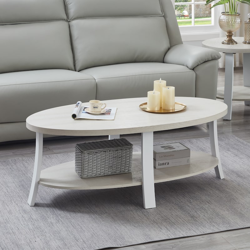 Roundhill Furniture Anze Contemporary Oval Wood Shelf Coffee Table - White