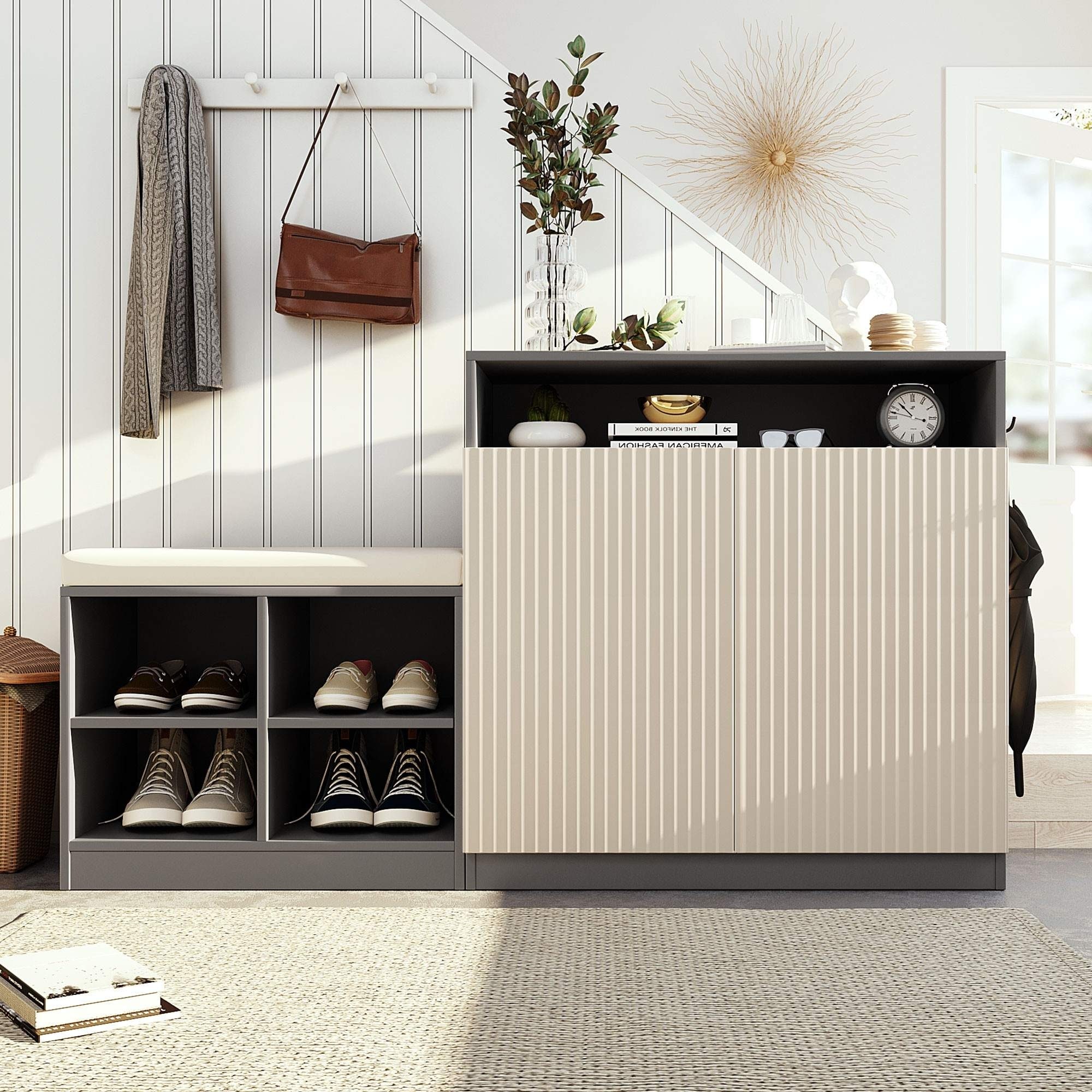 Entryway Shoe Cabinet with Bench Storage Console Table Adjustable Shelves Hooks