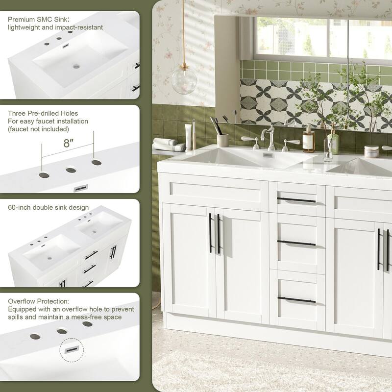 59.3" Double Sink Bathroom Vanity with SMC Top, MDF Cabinet with Solid Wood Frame & Soft-Close Doors