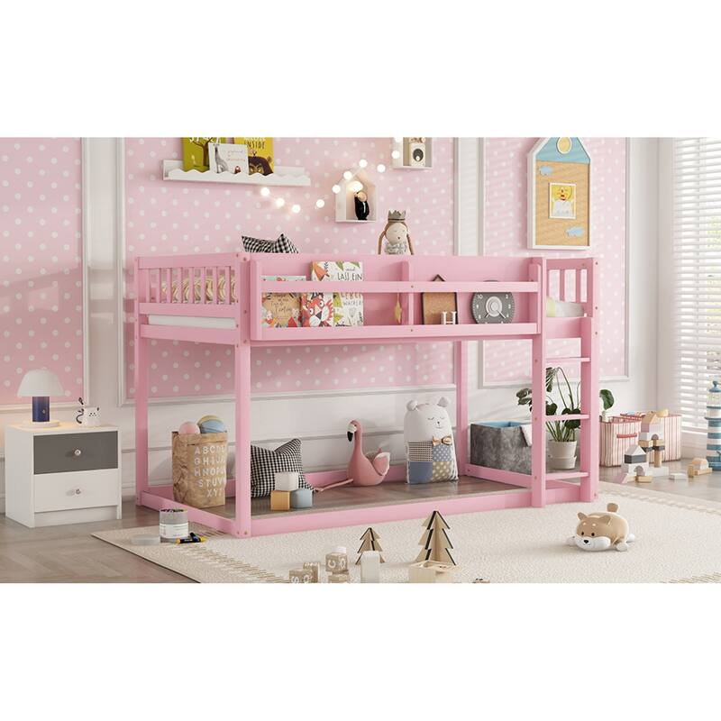 Roomfitters Twin Over Twin Bunk Bed, Low Floor Loft Platform Bed and Shelf with Wooden Frame for Bedroom