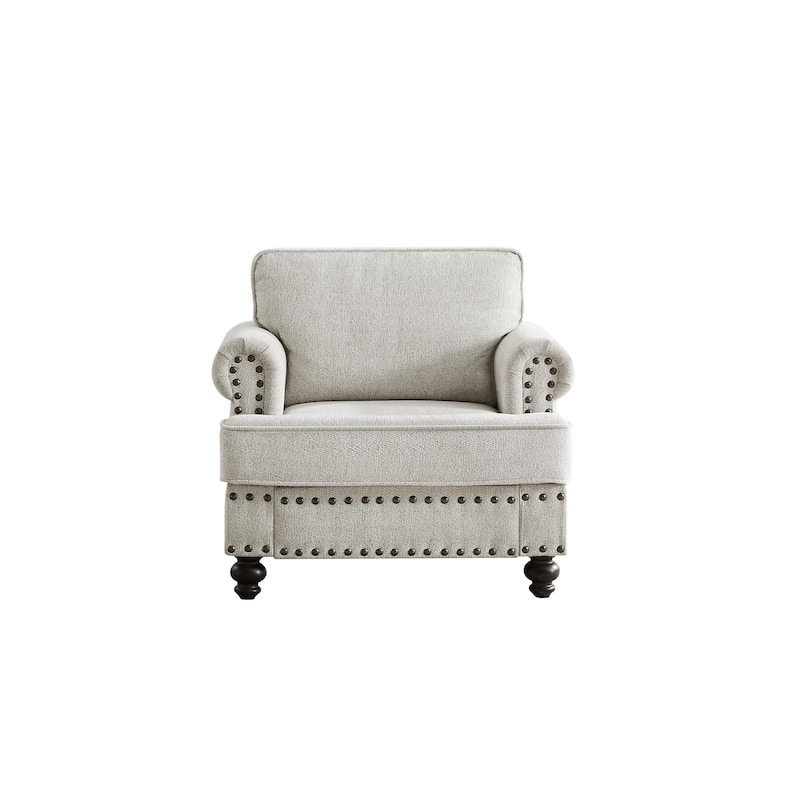 White Modern 37.2" Chenille Upholstered Accent Chair with Wood Legs and Nailheads for Living Room